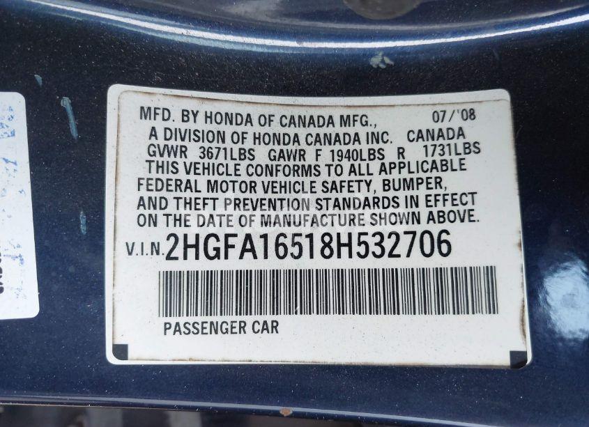 Photo 9 of 2008 Honda Civic LX (VIN 2HGFA16518H532706)