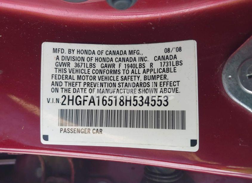 Photo 9 of 2008 Honda Civic LX (VIN 2HGFA16518H534553)
