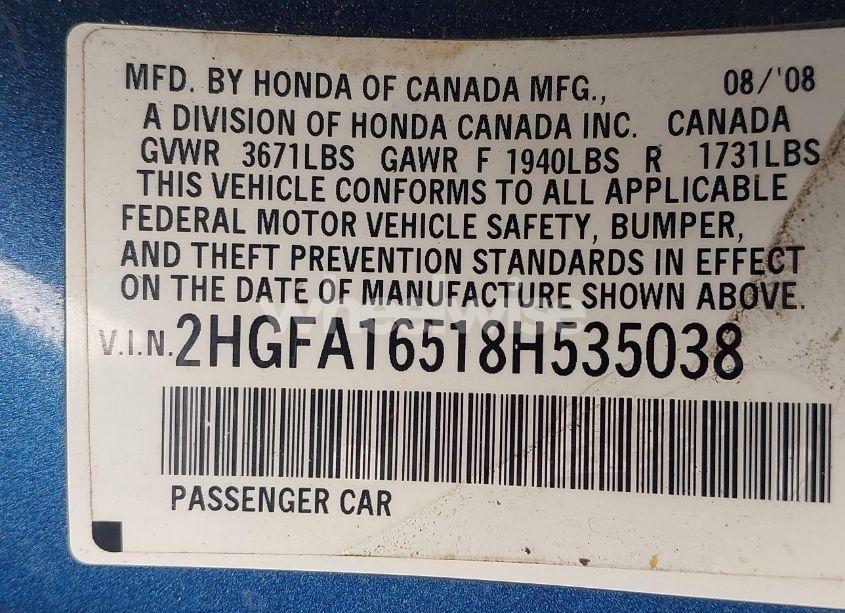 Photo 9 of 2008 Honda Civic LX (VIN 2HGFA16518H535038)