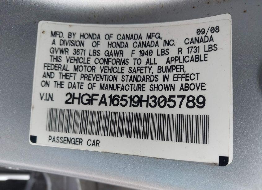 Photo 9 of 2009 Honda Civic LX (VIN 2HGFA16519H305789)