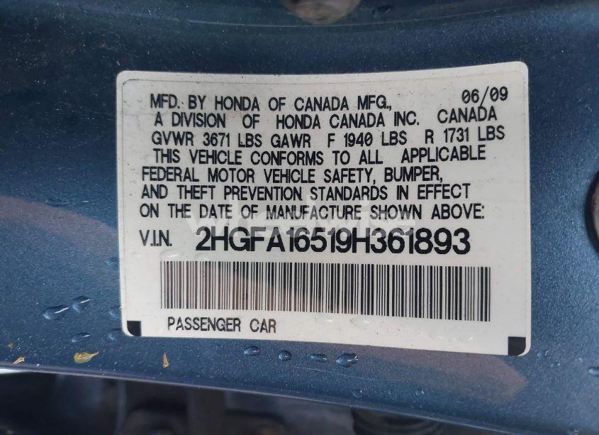 Photo 9 of 2009 Honda Civic LX (VIN 2HGFA16519H361893)