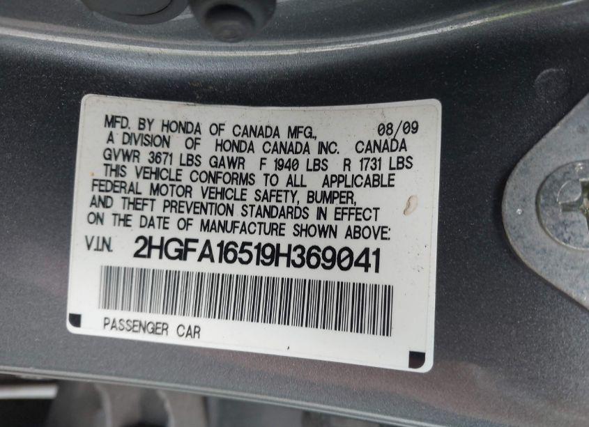 Photo 9 of 2009 Honda Civic LX (VIN 2HGFA16519H369041)