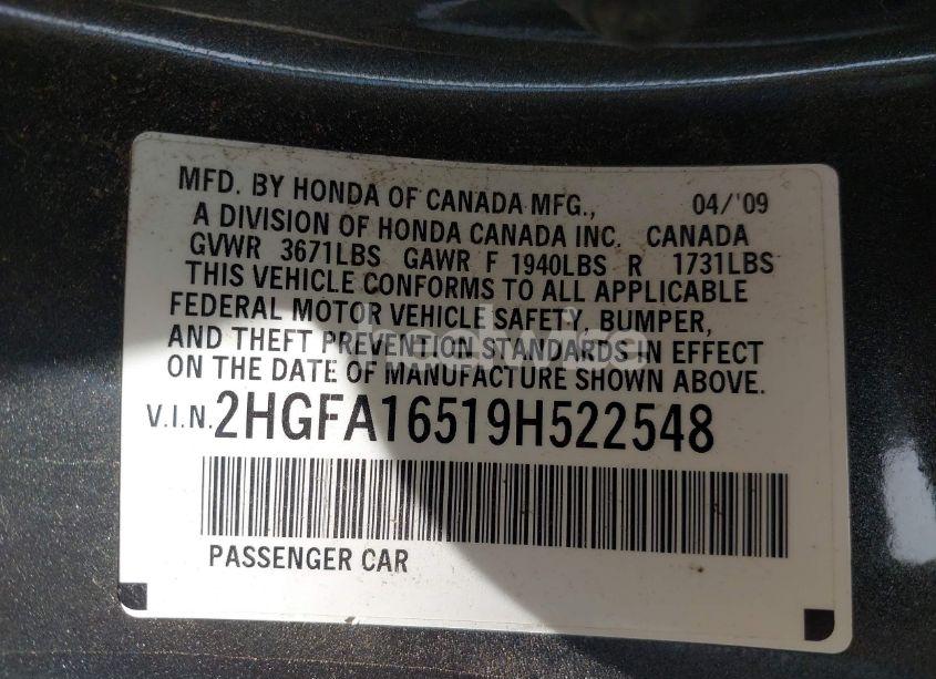 Photo 9 of 2009 Honda Civic LX (VIN 2HGFA16519H522548)