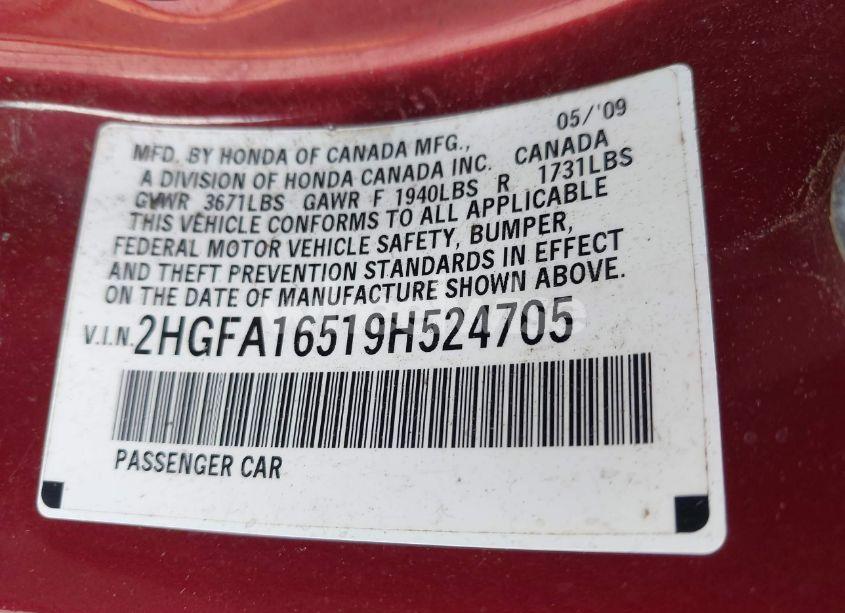 Photo 9 of 2009 Honda Civic LX (VIN 2HGFA16519H524705)