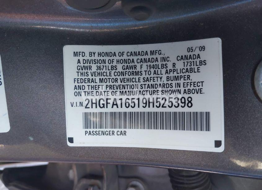 Photo 9 of 2009 Honda Civic LX (VIN 2HGFA16519H525398)