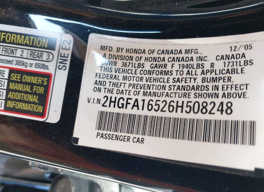 Photo 9 of 2006 Honda Civic LX (VIN 2HGFA16526H508248)