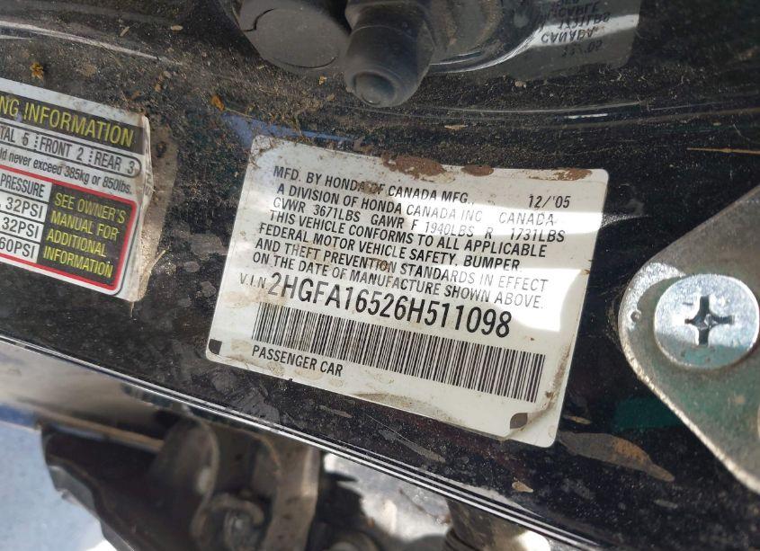 Photo 9 of 2006 Honda Civic LX (VIN 2HGFA16526H511098)