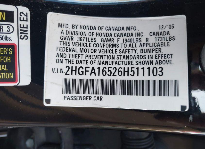 Photo 9 of 2006 Honda Civic LX (VIN 2HGFA16526H511103)