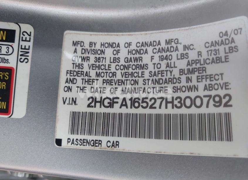 Photo 9 of 2007 Honda Civic LX (VIN 2HGFA16527H300792)