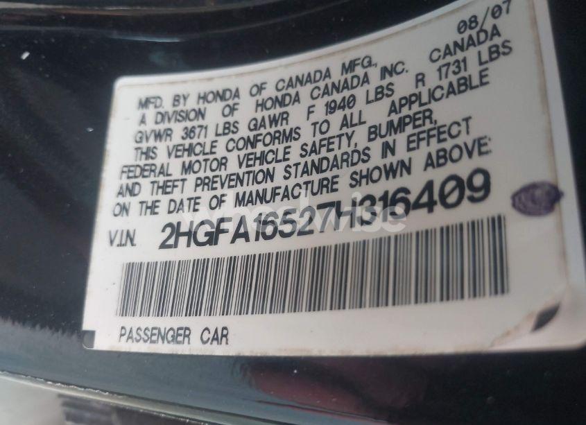 Photo 9 of 2007 Honda Civic LX (VIN 2HGFA16527H316409)