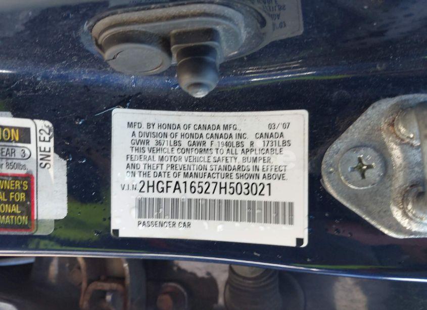 Photo 9 of 2007 Honda Civic LX (VIN 2HGFA16527H503021)