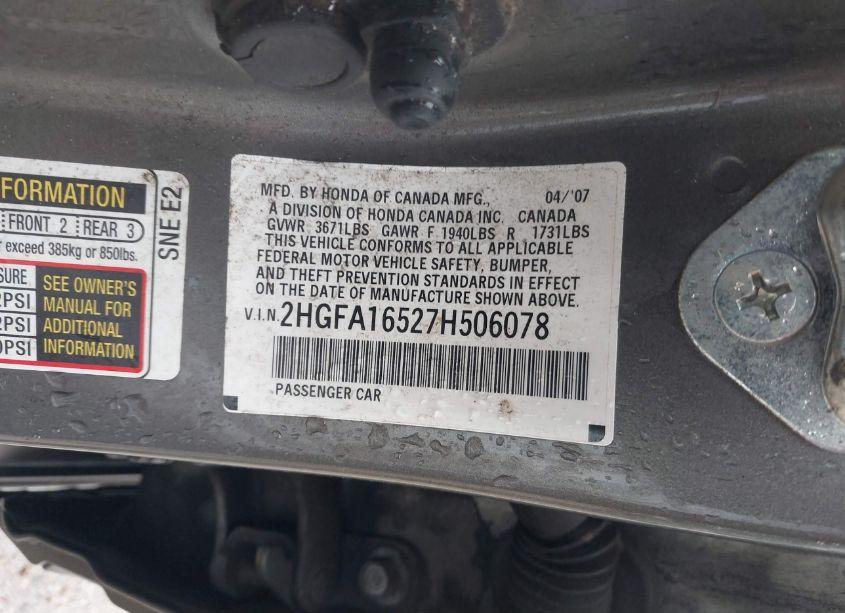 Photo 9 of 2007 Honda Civic LX (VIN 2HGFA16527H506078)