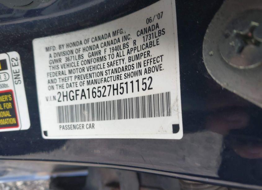 Photo 9 of 2007 Honda Civic LX (VIN 2HGFA16527H511152)