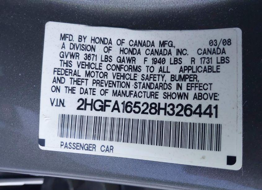 Photo 9 of 2008 Honda Civic LX (VIN 2HGFA16528H326441)