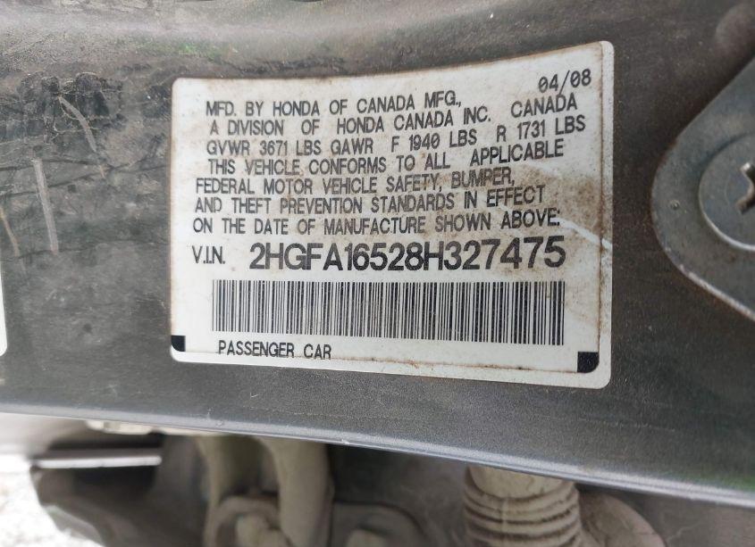 Photo 9 of 2008 Honda Civic LX (VIN 2HGFA16528H327475)