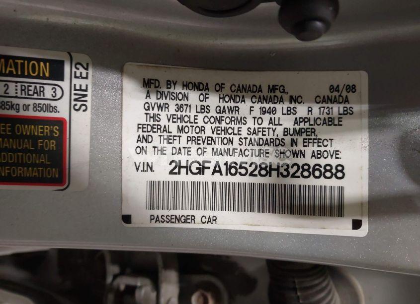 Photo 9 of 2008 Honda Civic LX (VIN 2HGFA16528H328688)