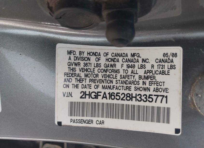 Photo 9 of 2008 Honda Civic LX (VIN 2HGFA16528H335771)
