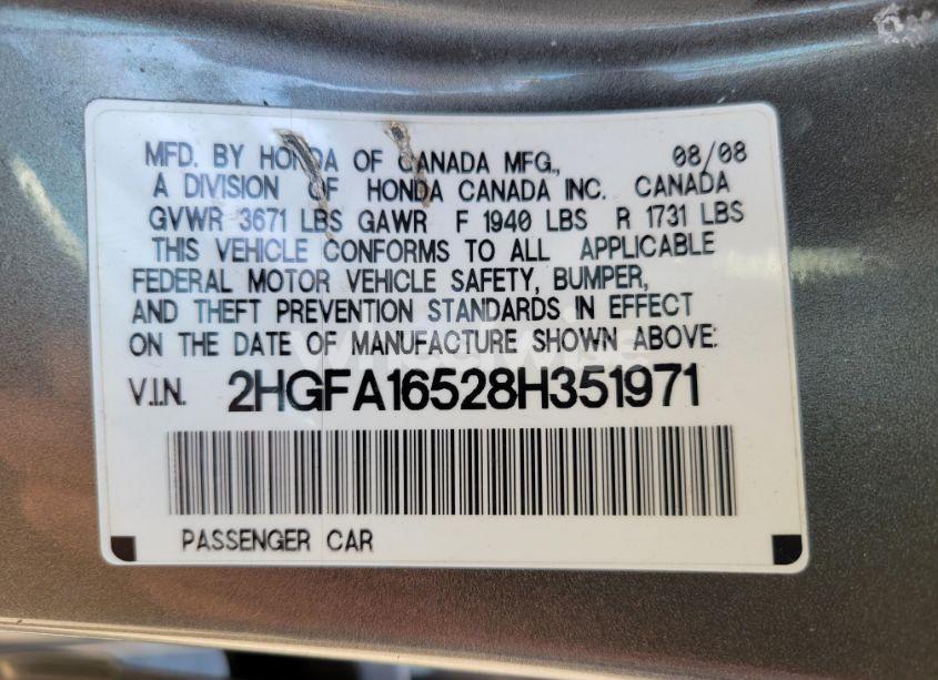 Photo 7 of 2008 Honda Civic LX (VIN 2HGFA16528H351971)