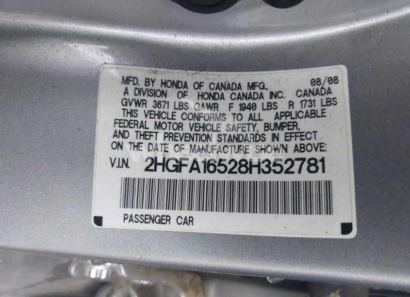 Photo 9 of 2008 Honda Civic LX (VIN 2HGFA16528H352781)