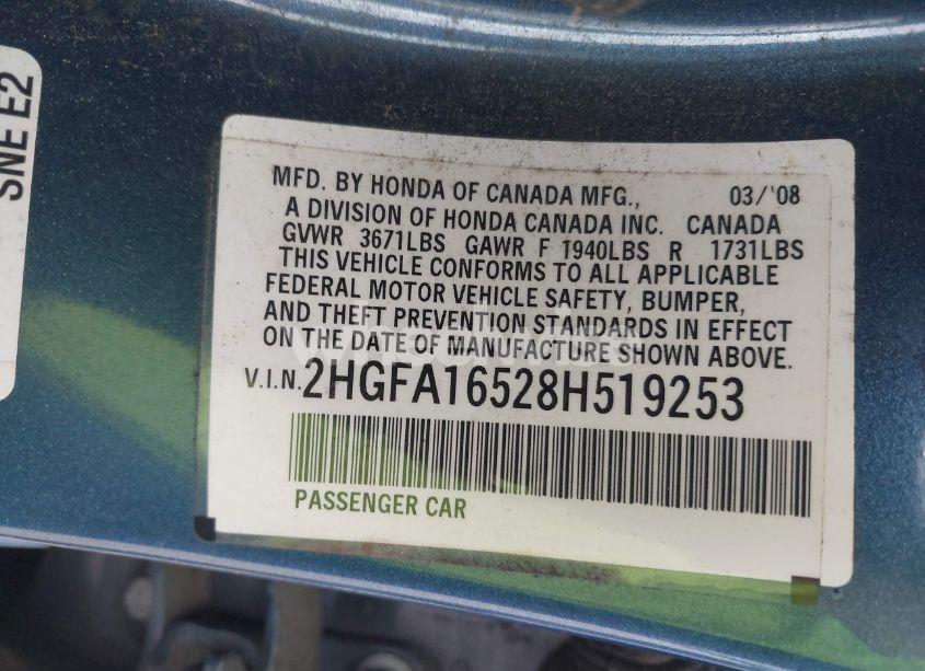 Photo 9 of 2008 Honda Civic LX (VIN 2HGFA16528H519253)