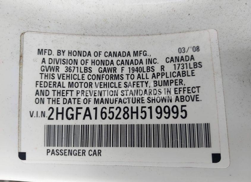 Photo 9 of 2008 Honda Civic LX (VIN 2HGFA16528H519995)