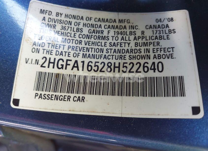 Photo 9 of 2008 Honda Civic LX (VIN 2HGFA16528H522640)