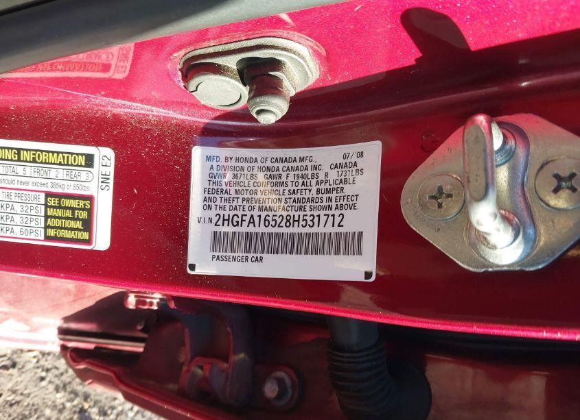 Photo 9 of 2008 Honda Civic LX (VIN 2HGFA16528H531712)