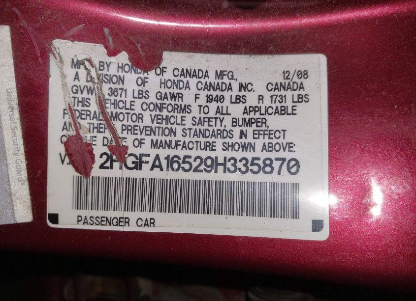 Photo 9 of 2009 Honda Civic LX (VIN 2HGFA16529H335870)