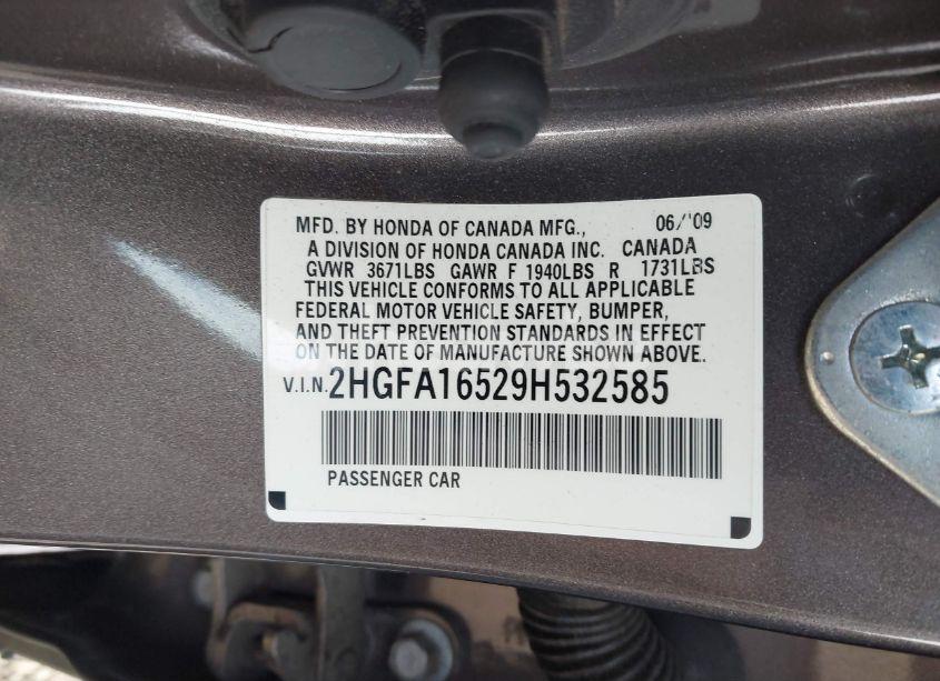 Photo 9 of 2009 Honda Civic LX (VIN 2HGFA16529H532585)