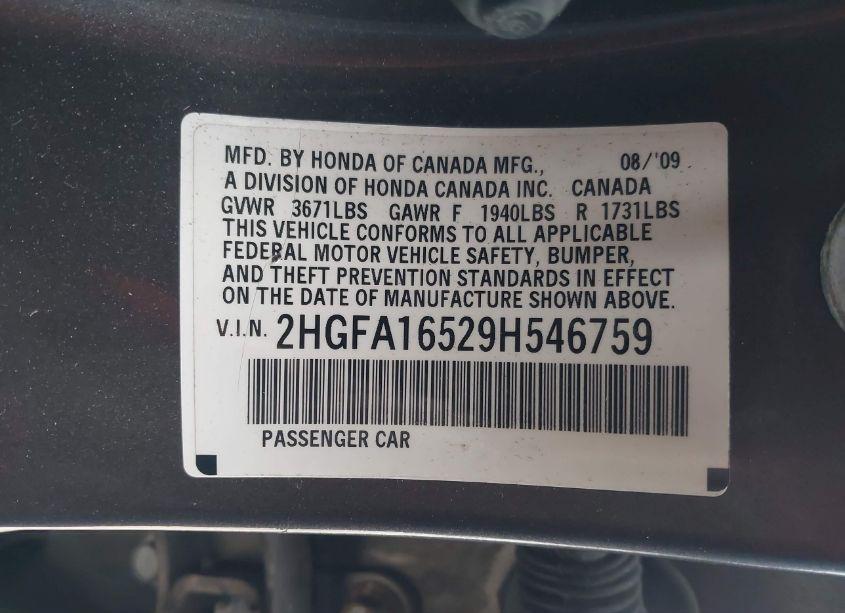 Photo 9 of 2009 Honda Civic LX (VIN 2HGFA16529H546759)
