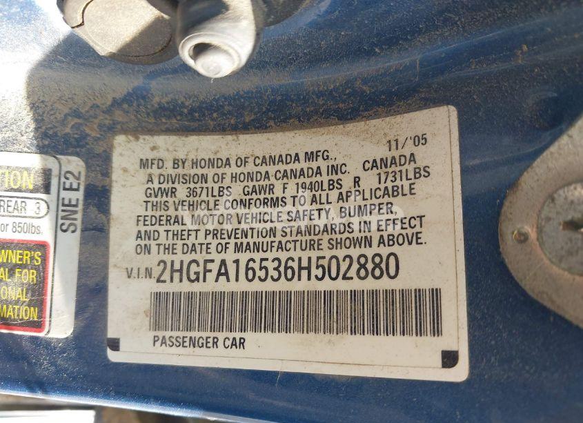 Photo 9 of 2006 Honda Civic LX (VIN 2HGFA16536H502880)