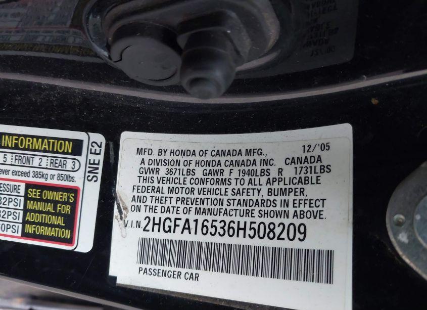 Photo 9 of 2006 Honda Civic LX (VIN 2HGFA16536H508209)