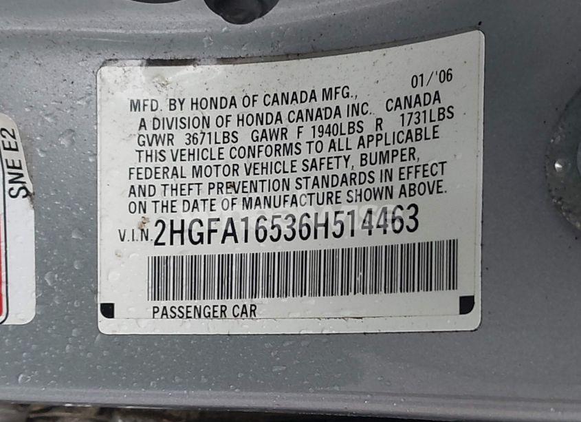 Photo 9 of 2006 Honda Civic LX (VIN 2HGFA16536H514463)