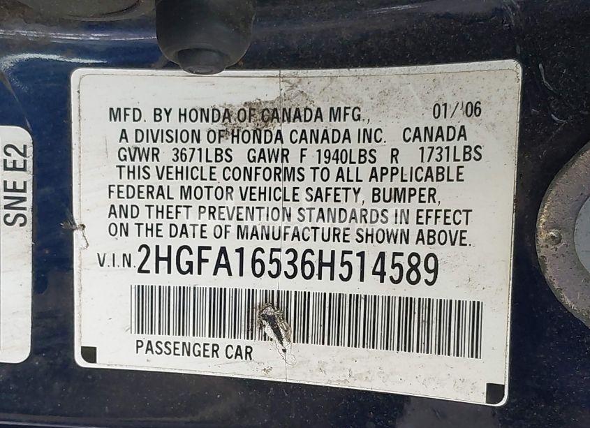 Photo 9 of 2006 Honda Civic LX (VIN 2HGFA16536H514589)