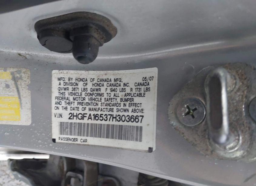 Photo 9 of 2007 Honda Civic LX (VIN 2HGFA16537H303667)