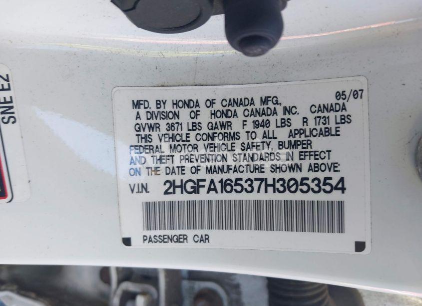 Photo 9 of 2007 Honda Civic LX (VIN 2HGFA16537H305354)