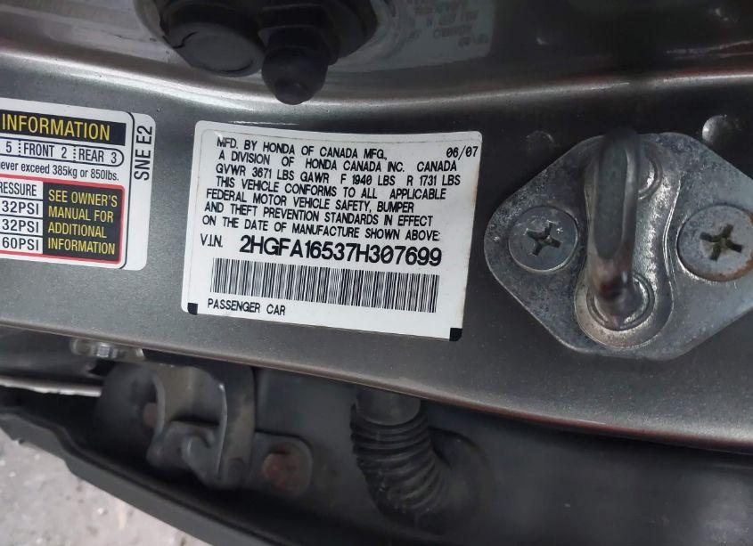 Photo 9 of 2007 Honda Civic LX (VIN 2HGFA16537H307699)