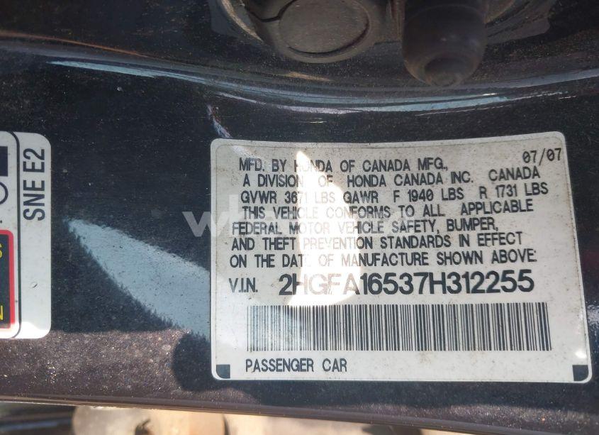 Photo 9 of 2007 Honda Civic LX (VIN 2HGFA16537H312255)