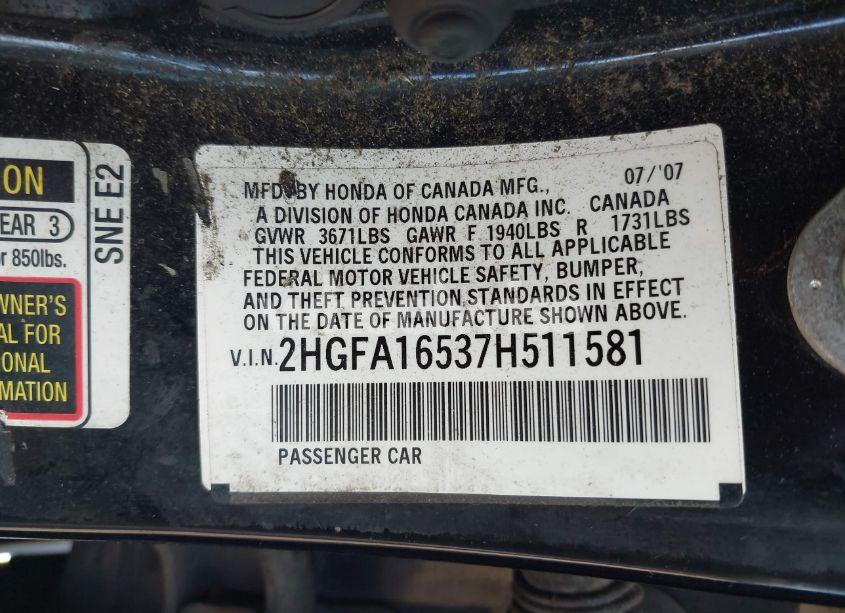 Photo 9 of 2007 Honda Civic LX (VIN 2HGFA16537H511581)