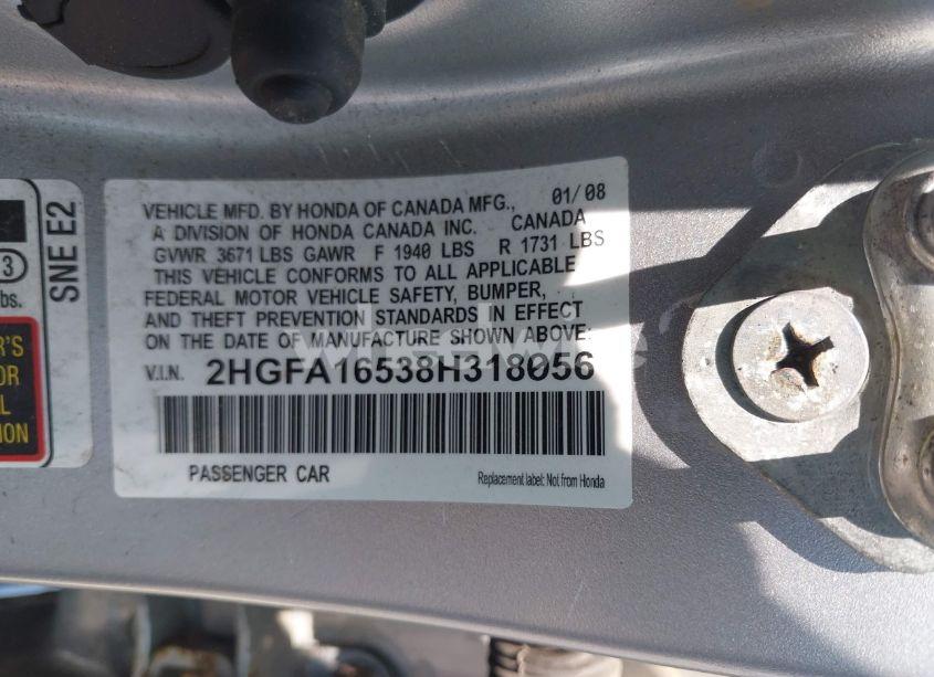 Photo 9 of 2008 Honda Civic LX (VIN 2HGFA16538H318056)