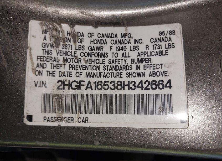 Photo 9 of 2008 Honda Civic LX (VIN 2HGFA16538H342664)