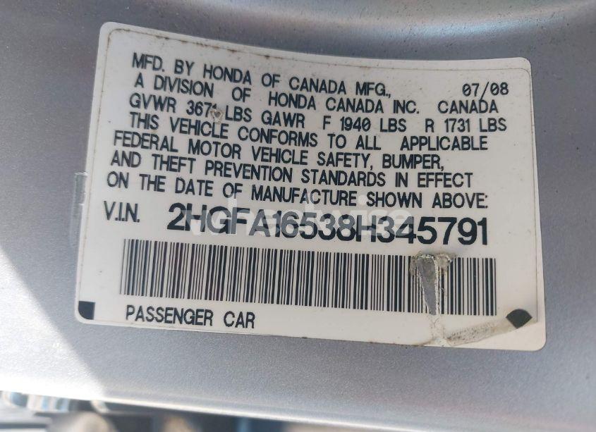 Photo 9 of 2008 Honda Civic LX (VIN 2HGFA16538H345791)