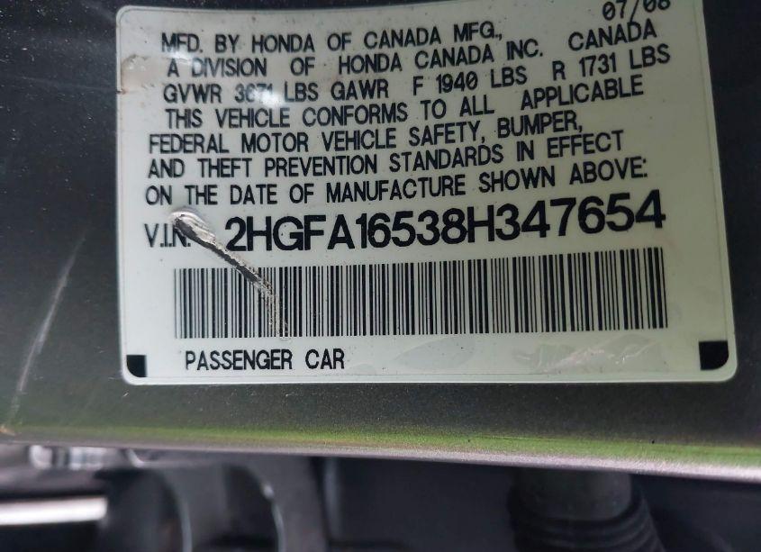 Photo 9 of 2008 Honda Civic LX (VIN 2HGFA16538H347654)