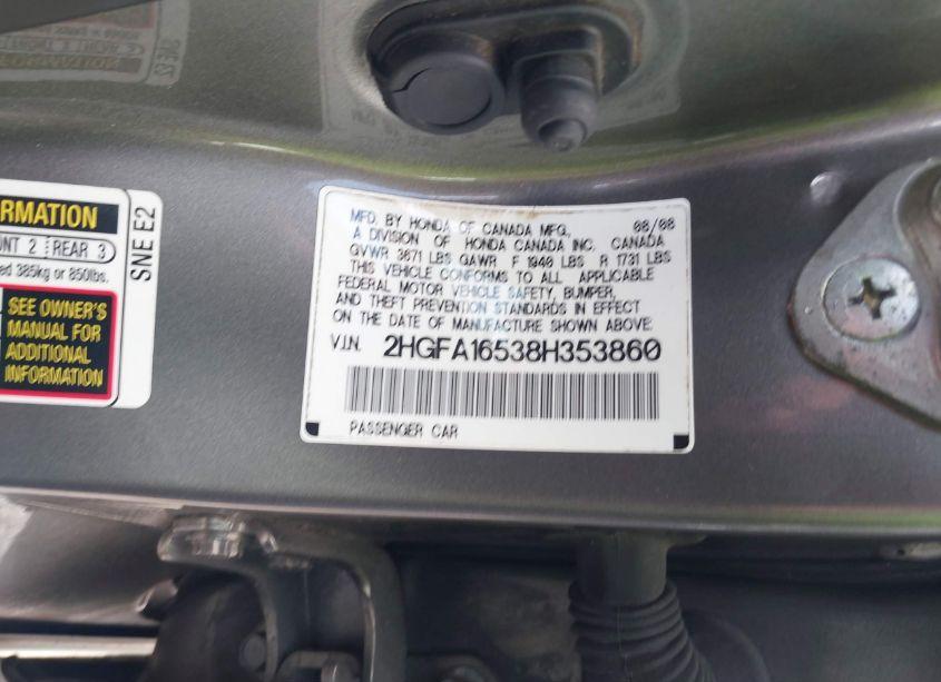 Photo 9 of 2008 Honda Civic LX (VIN 2HGFA16538H353860)