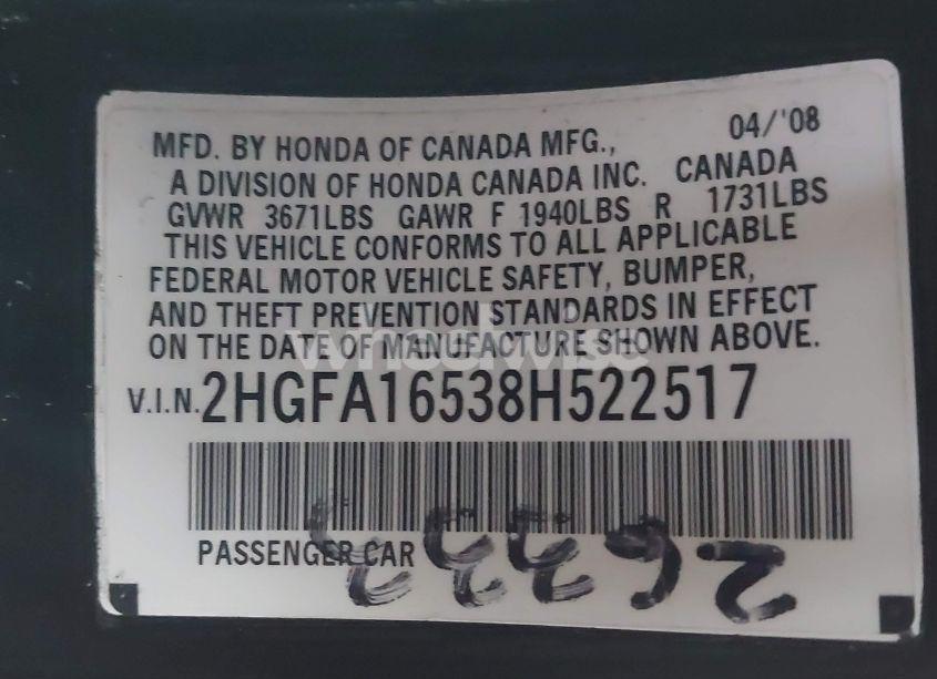 Photo 9 of 2008 Honda Civic LX (VIN 2HGFA16538H522517)