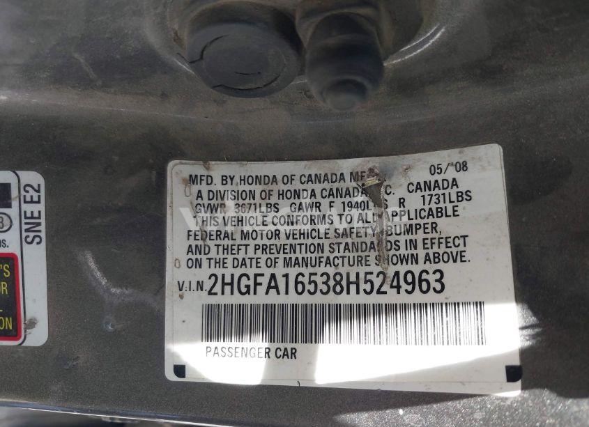 Photo 9 of 2008 Honda Civic LX (VIN 2HGFA16538H524963)