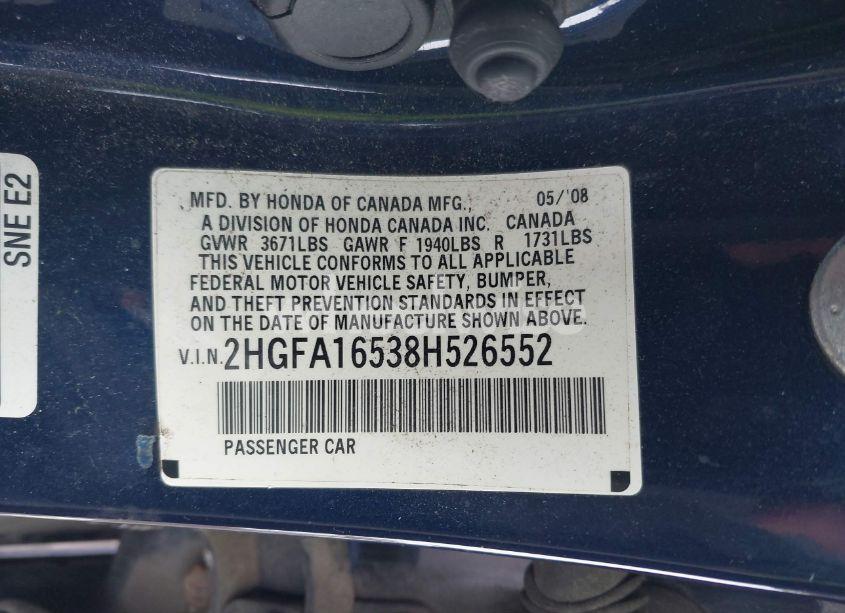 Photo 9 of 2008 Honda Civic LX (VIN 2HGFA16538H526552)
