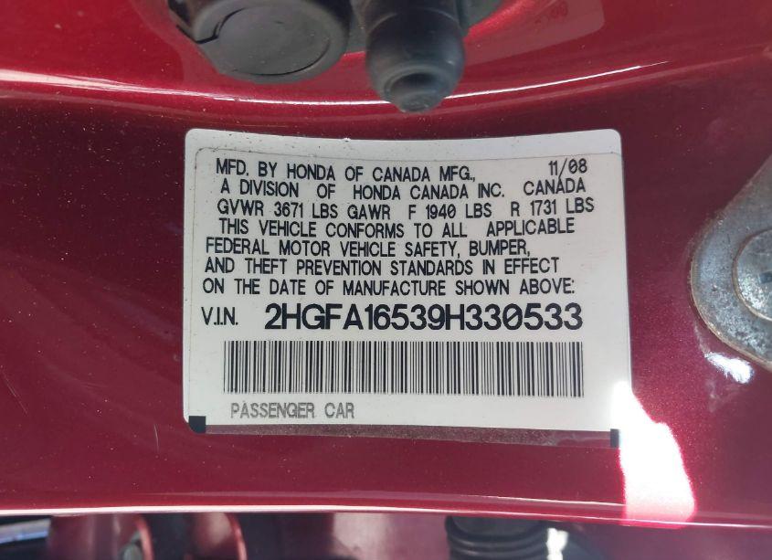 Photo 9 of 2009 Honda Civic LX (VIN 2HGFA16539H330533)