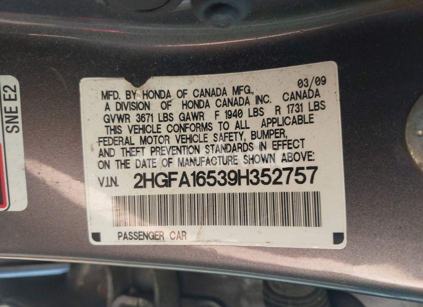 Photo 9 of 2009 Honda Civic LX (VIN 2HGFA16539H352757)