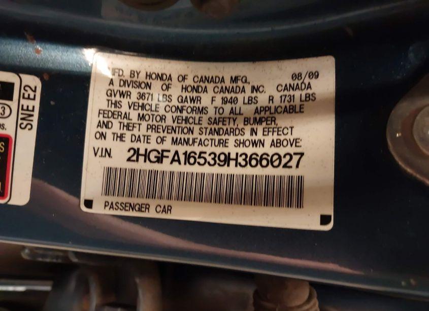 Photo 9 of 2009 Honda Civic LX (VIN 2HGFA16539H366027)